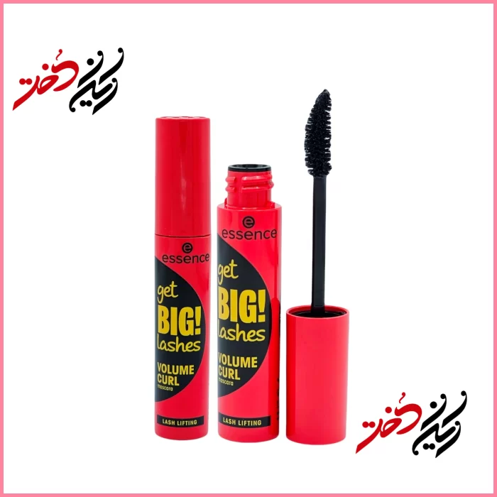 essence-get-BIG-lashes-Volume-Curl-Mascara ماسکارا essence get BIG! lashes Volume Curl – نمای باز و بسته با قلم موی موجدار و بستهبندی قرمز و مشکی – طراحی شیک و جذاب
