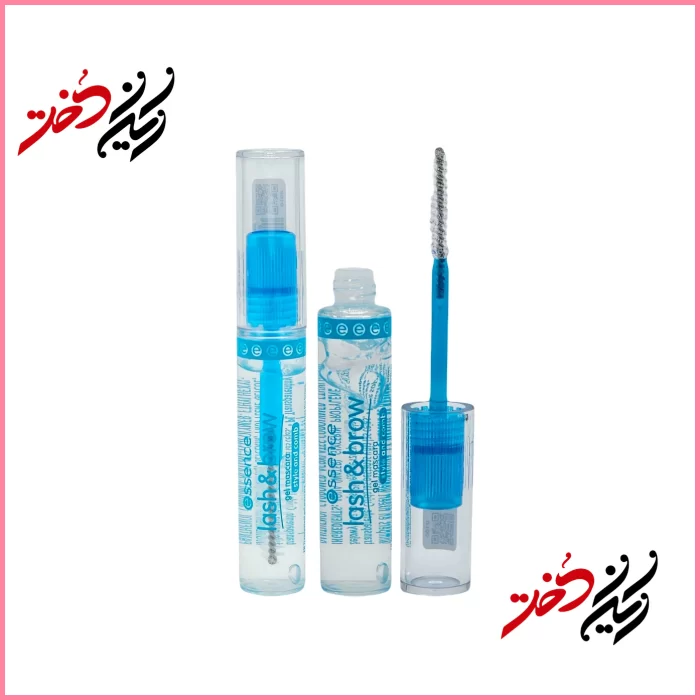 essence-lash-brow-gel-mascara ماسکارا ژلهای Essence Lash & Brow – نمای باز و بسته با قلم موی دندانهدار و بستهبندی شفاف آبی – طراحی مدرن و کاربردی